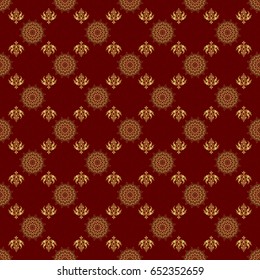Vector seamless pattern of traditional ornamental background with golden circular mandala, stars and snowflakes elsments on a red backdrop.