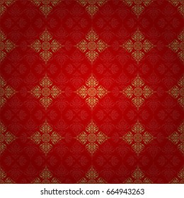 Vector seamless pattern of traditional ornamental background with golden circular mandala, stars and snowflakes elsments on a red backdrop.