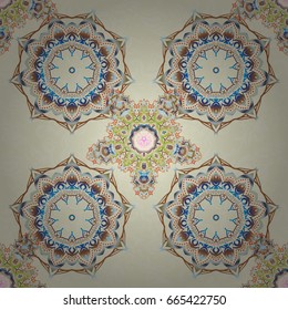 Vector seamless pattern of traditional ornamental background with beige, pink and blue circular mandala, stars and snowflakes elsments.