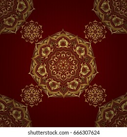 Vector seamless pattern of traditional ornamental background with golden circular mandala, stars and snowflakes elsments on a red backdrop.