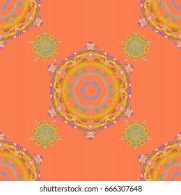 Vector seamless pattern of traditional ornamental background with yellow and blue circular mandala, stars and snowflakes elsments.