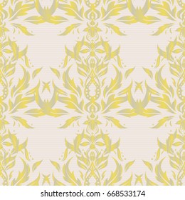 Vector seamless pattern of traditional ornamental background with beige and yellow circular mandala, stars and snowflakes elsments.