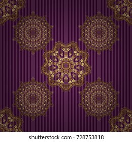 Vector seamless pattern of traditional ornamental background with golden circular mandala, stars and snowflakes elsments on a purple backdrop.