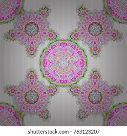 Vector seamless pattern of traditional ornamental background with pink and green circular mandala, stars and snowflakes elsments.