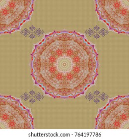 Vector seamless pattern of traditional ornamental background with blue and beige circular mandala, stars and snowflakes elsments.
