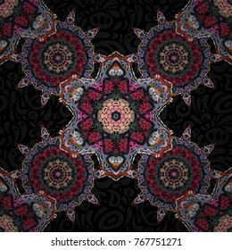 Vector seamless pattern of traditional ornamental background with pink and green circular mandala, stars and snowflakes elsments on a black backdrop.