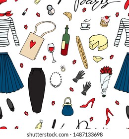 Vector seamless pattern with traditional paris style female clothes and food : red beret, striped blouse, wine cheese, croissant.