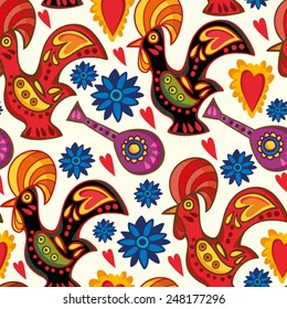 Vector seamless pattern of traditional Portuguese rooster in bright colors.