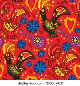 Vector seamless pattern of traditional Portuguese rooster in bright colors.