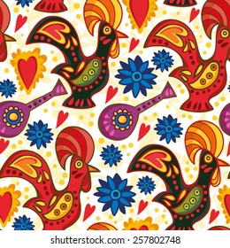 Vector seamless pattern of traditional Portuguese rooster in bright colors.