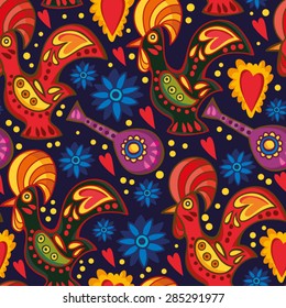 Vector seamless pattern of traditional Portuguese rooster in bright colors.