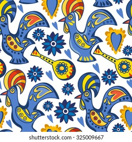 Vector seamless pattern of traditional Portuguese rooster in bright colors. 