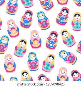 Vector seamless pattern with traditional Russian wooden dolls in flat style. Colorful cute cartoon nesting matryoshkas on white background