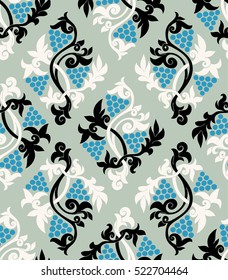 Vector seamless pattern with traditional russian folk wood carving ornaments. Illustration with grapes
