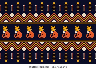 Vector seamless pattern with traditional Thai ethnic tribal motifs and cute cat illustrations. Colorful cultural design inspired by textile and fabric art from Southeast Asia. Perfect for backgrounds,