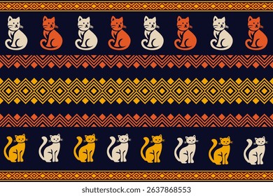 Vector seamless pattern with traditional Thai ethnic tribal motifs and cute cat illustrations. Colorful cultural design inspired by textile and fabric art from Southeast Asia. Perfect for backgrounds,