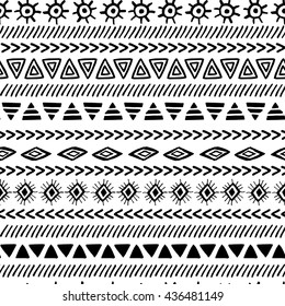 vector seamless pattern in traditional tribal aztec style, hand drawn print, ink effect