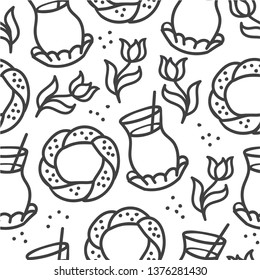 Vector seamless pattern with a traditional turkish tea glass, sesame bagel Simit and tulip flowers. Black hand drawn doodle objects on white background. Repetaing design for backdrop, print, paper.