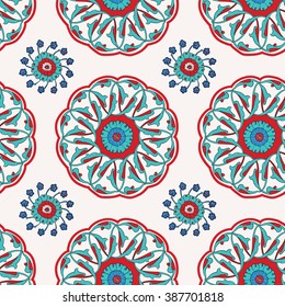 Vector seamless pattern with traditional Turkish Iznik motifs. Islamic Ottoman Turkish art, ceramic tile surface pattern design, oriental floral pattern