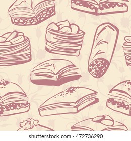 Vector seamless pattern with traditional turkish dessert baklava. Hand drawn sweets on neutral background with ottoman tulips silhouettes. 