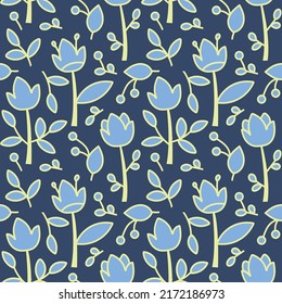 Vector seamless pattern in traditional ukrainian colors. Yellow flowers on blue background. Symbolic design. Abstract floral background