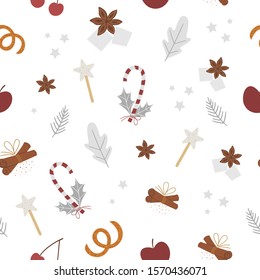 Vector seamless pattern with traditional winter spices and fruit. Holiday seasonal Christmas treats repeating background. Cozy warming food ingredients texture