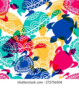 Vector seamless pattern with transparent multicolor ornamental turtles. Hand drawn background. 