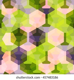 Vector seamless pattern with transparent sparkling pentagons and hexagons. EPS8. Color palette inspired by tropical leaves