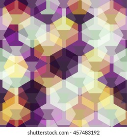 Vector seamless pattern with transparent sparkling pentagons and hexagons. EPS8. Amethyst color palette