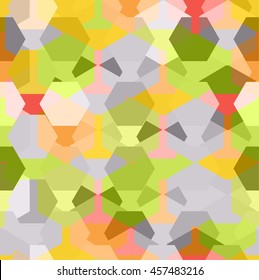 Vector seamless pattern with transparent sparkling pentagons and hexagons. EPS8. Green, yellow and grey palette