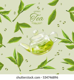 Vector seamless pattern with transparent teapot, green tea leaves and drops. Background design for tea, drink menu and health care products. Best for wrapping paper.