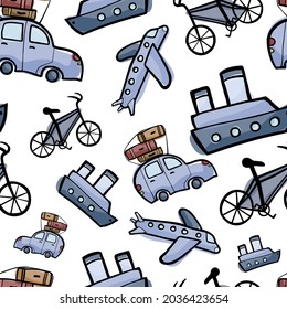 Vector seamless pattern of transport: bike, car, ship, plane