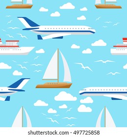 Vector seamless pattern with transport with cloud and gull