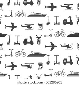 Vector seamless pattern with transportation icons silhouettes, isolated on white. Ships, yacht, train, plane, scooter, bicycle, helicopter. Delivery concept. Website background, kids print.