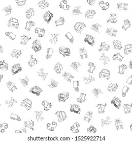 Vector seamless pattern with transports. Linear monochrome hand-drawn illustration in cartoon style.