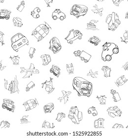 Vector seamless pattern with transports. Linear monochrome hand-drawn illustration in cartoon style.