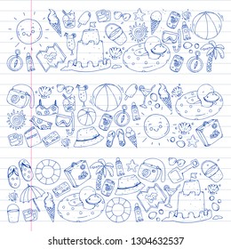 Vector seamless pattern with travel and beach icons.
