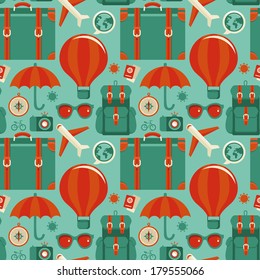 Vector seamless pattern with travel icons in flat style - abstract background