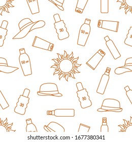 Vektorillustration nahtloses Muster Reiseillustration Sonne, Sonnenschirme, Sonnenschutzcreme, Lotion, Milch Hautschutz vor ultravioletter Sonneneinstrahlung Sommerzeit, Urlaubshintergrund Design Verpackung, Stoff, Druck