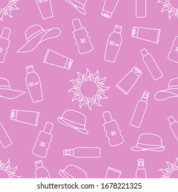 Vector seamless pattern Travel illustration Sun, sun hats, sunscreen cream, lotion, milk Skin protection from solar ultraviolet radiation Summer time, holiday background Design wrapping, fabric, print