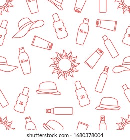Vector seamless pattern Travel illustration Sun, sun hats, sunscreen cream, lotion, milk Skin protection from solar ultraviolet radiation Summer time, holiday background Design wrapping, fabric, print