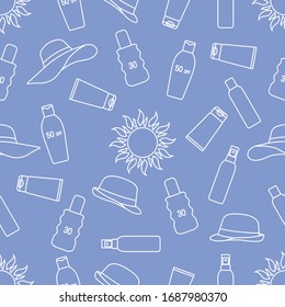 Vector seamless pattern Travel illustration Sun, sun hats, sunscreen cream, lotion, milk Skin protection from solar ultraviolet radiation Summer time, holiday background Design wrapping, fabric, print