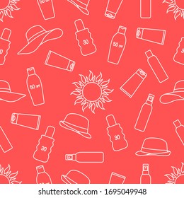 Vector seamless pattern Travel illustration Sun, sun hats, sunscreen cream, lotion, milk Skin protection from solar ultraviolet radiation Summer time, holiday background Design wrapping, fabric, print
