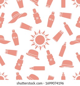 Vector seamless pattern Travel illustration Sun, sun hats, sunscreen cream, lotion, milk Skin protection from solar ultraviolet radiation Summer time, holiday background Design wrapping, fabric, print