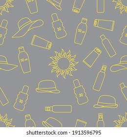Vektornahtloses Muster Reisegrafik Sonne, Sonnenschirme, Sonnenschutzcreme, Lotion, Milch Hautschutz vor UV-Strahlung UV-Strahlung Sommerzeit, Urlaubshintergrund