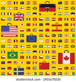 Patrón vectorial sin fisuras con maletas de viaje en los colores de las banderas de varios países de todo el mundo. Viejas maletas con banderas nacionales de diferentes países en un fondo amarillo