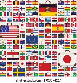 Vector seamless pattern with travel suitcases in the colors of the flags of various countries from around the world. Repeating background with suitcase icons. Old suitcases with national flags