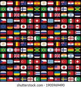 Vector seamless pattern with travel suitcases in the colors of the flags of various countries from around the world. Suitcase icons on a black background. Old suitcases with national flags