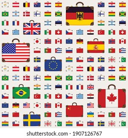Vector seamless pattern with travel suitcases in the colors of the national flags of various countries from around the world. Repeating background with old suitcase with flags on a light backdrop