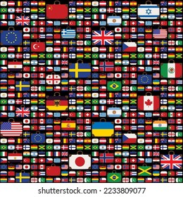 Vector seamless pattern with travel suitcases in the colors of the flags of various countries from around the world. Repeating background with suitcase icons. Old suitcases with national flags
